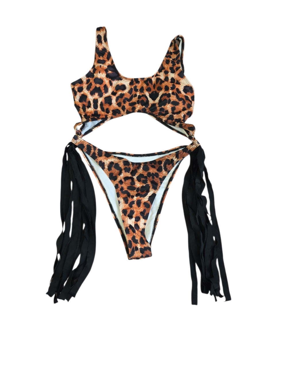 Kids Leopard Print Two-Piece Swimsuit with Black Fringe